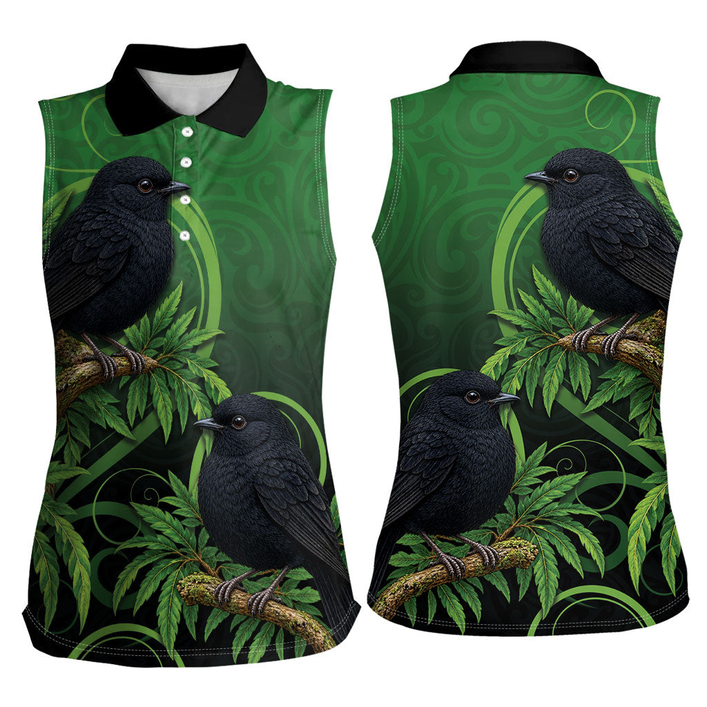 New Zealand Black Robin Women Sleeveless Polo Shirt Karure Maori Koru Art Tattoo