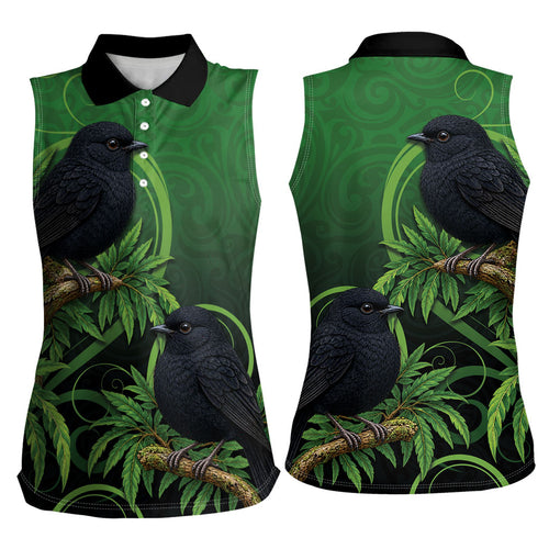 New Zealand Black Robin Women Sleeveless Polo Shirt Karure Maori Koru Art Tattoo