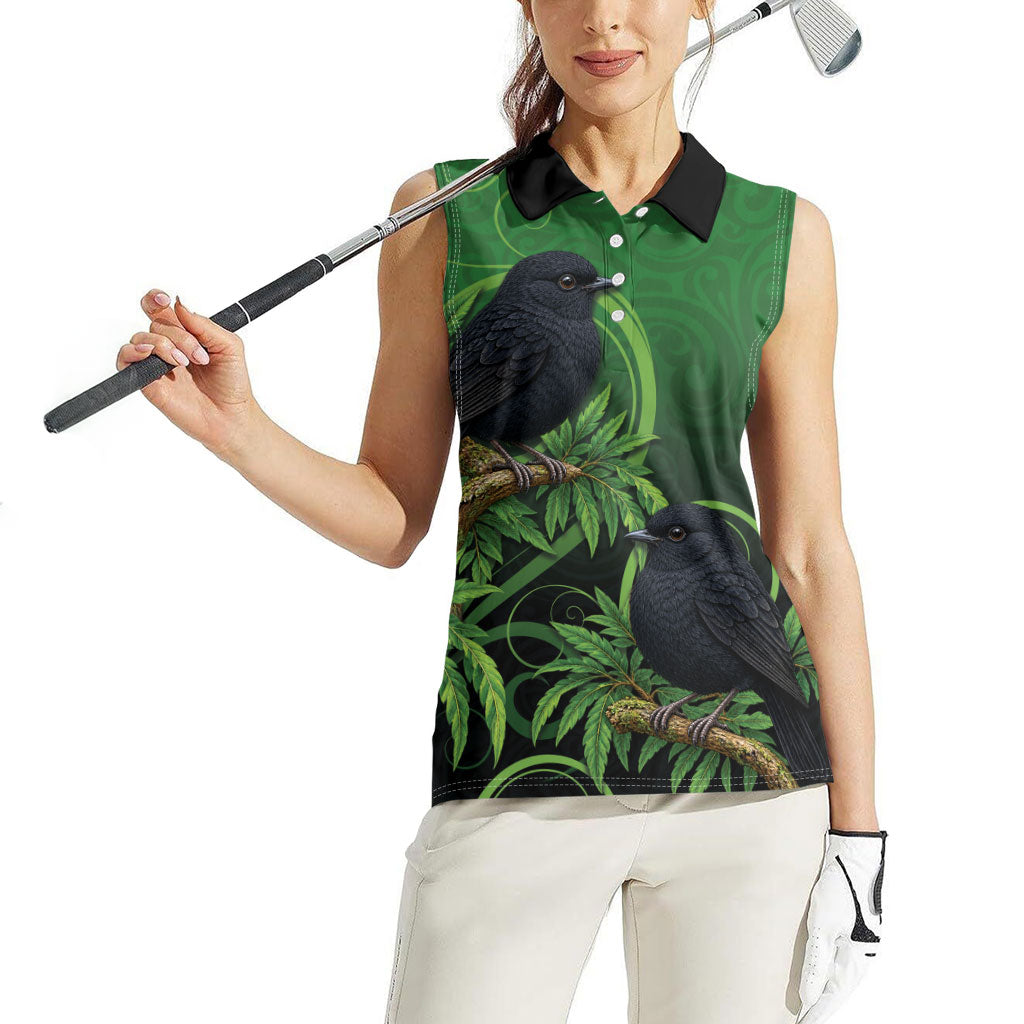 New Zealand Black Robin Women Sleeveless Polo Shirt Karure Maori Koru Art Tattoo