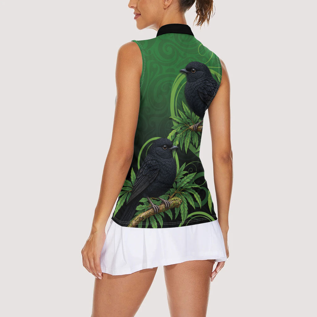 New Zealand Black Robin Women Sleeveless Polo Shirt Karure Maori Koru Art Tattoo