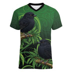 New Zealand Black Robin Women V-Neck T-Shirt Karure Maori Koru Art Tattoo