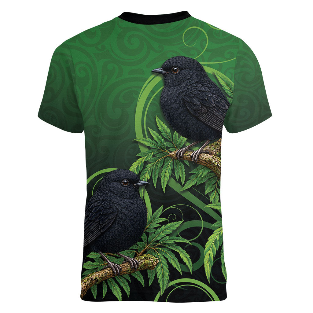 New Zealand Black Robin Women V-Neck T-Shirt Karure Maori Koru Art Tattoo