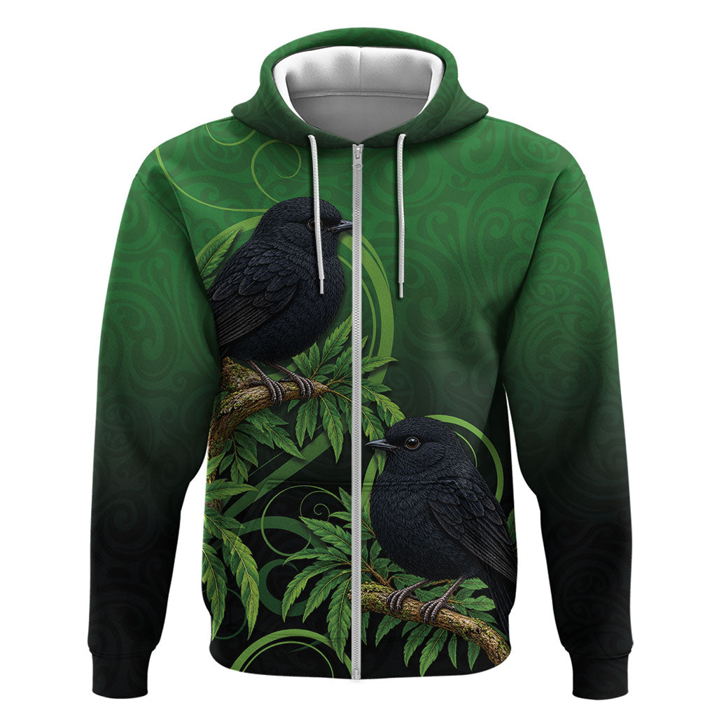 New Zealand Black Robin Zip Hoodie Karure Maori Koru Art Tattoo
