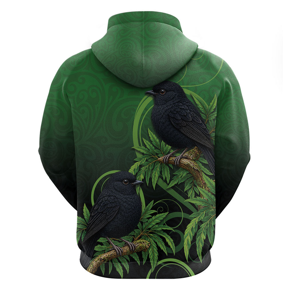 New Zealand Black Robin Zip Hoodie Karure Maori Koru Art Tattoo