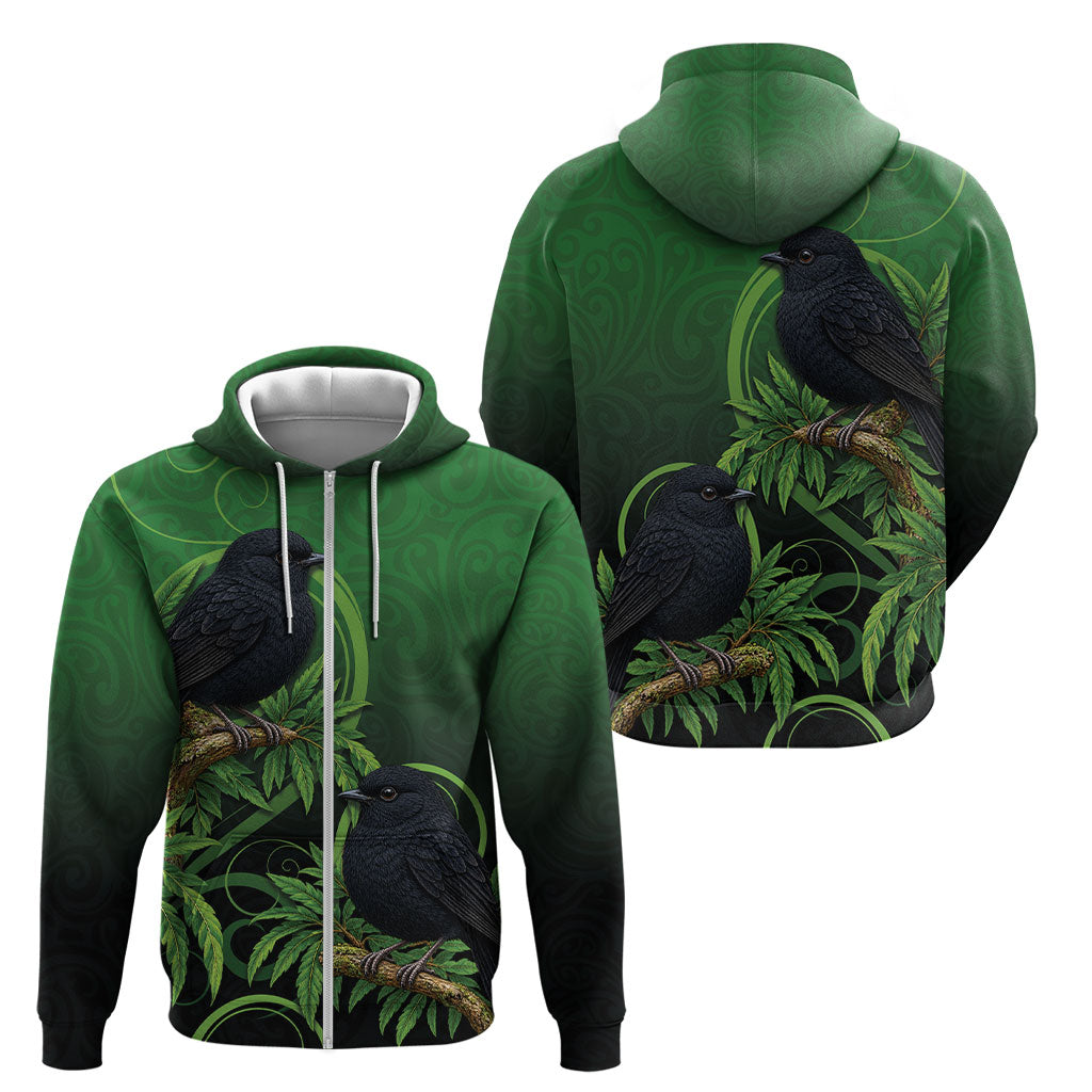 New Zealand Black Robin Zip Hoodie Karure Maori Koru Art Tattoo