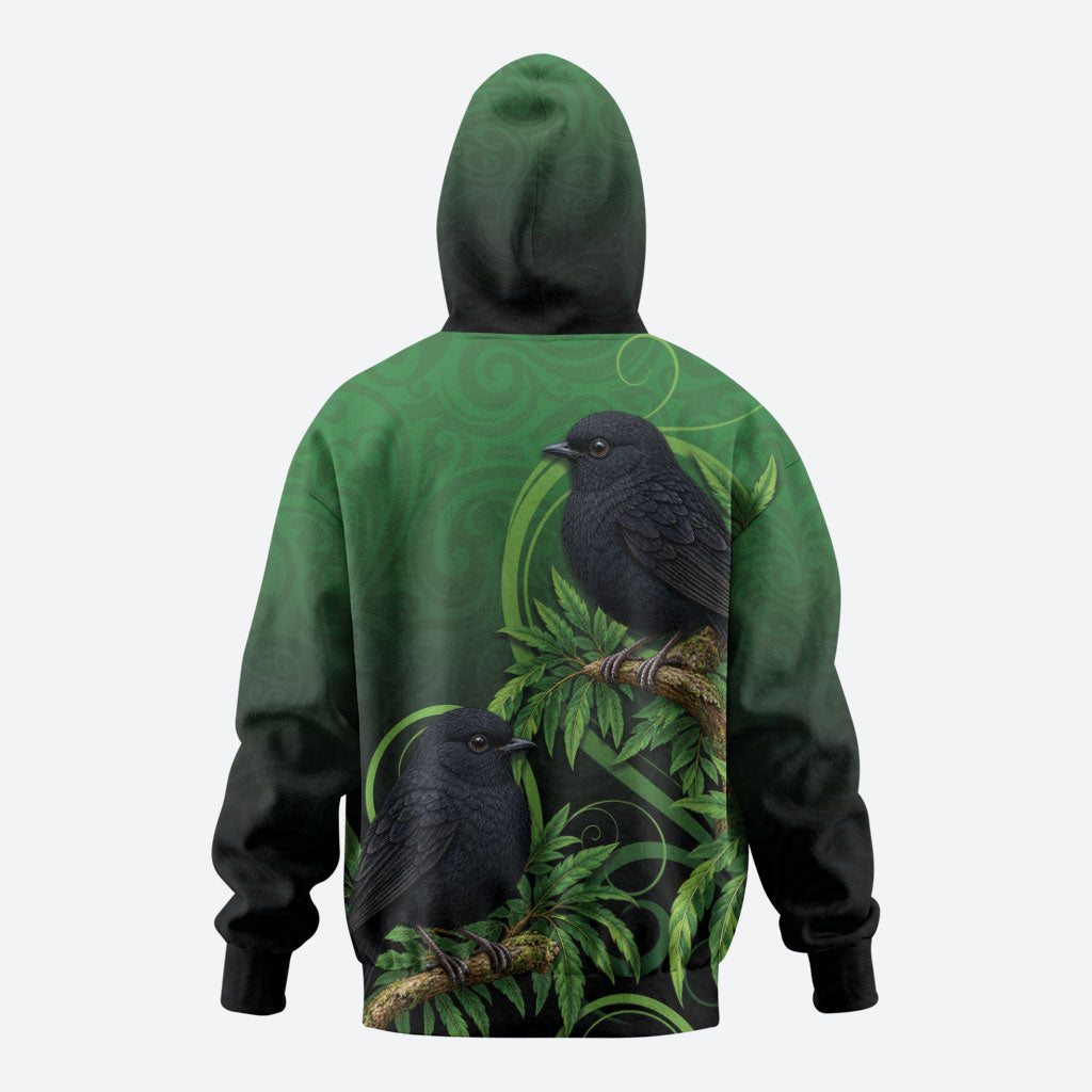 New Zealand Black Robin Zip Hoodie Karure Maori Koru Art Tattoo