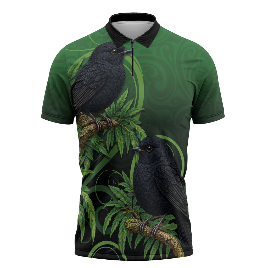 New Zealand Black Robin Zipper Polo Shirt Karure Maori Koru Art Tattoo