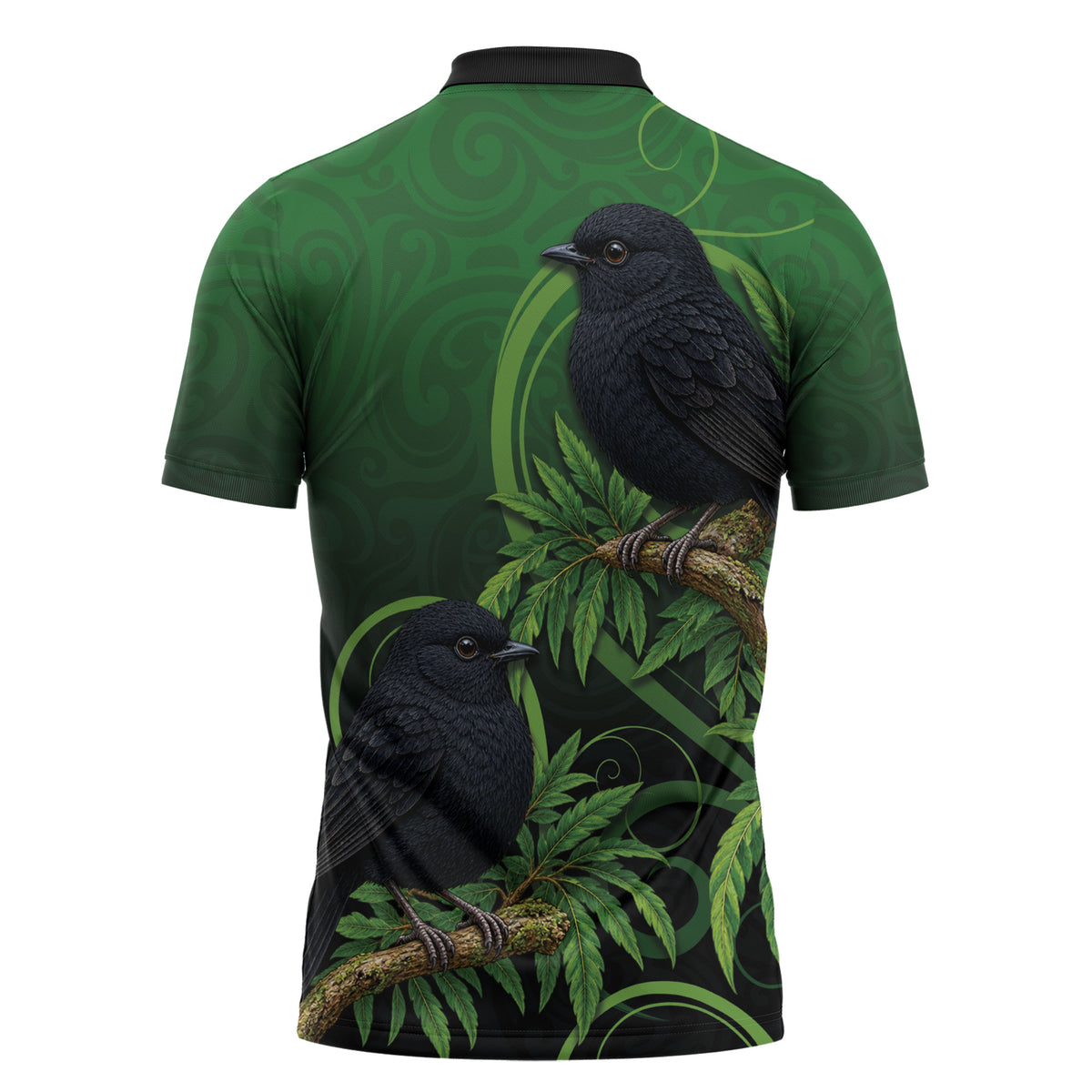 New Zealand Black Robin Zipper Polo Shirt Karure Maori Koru Art Tattoo