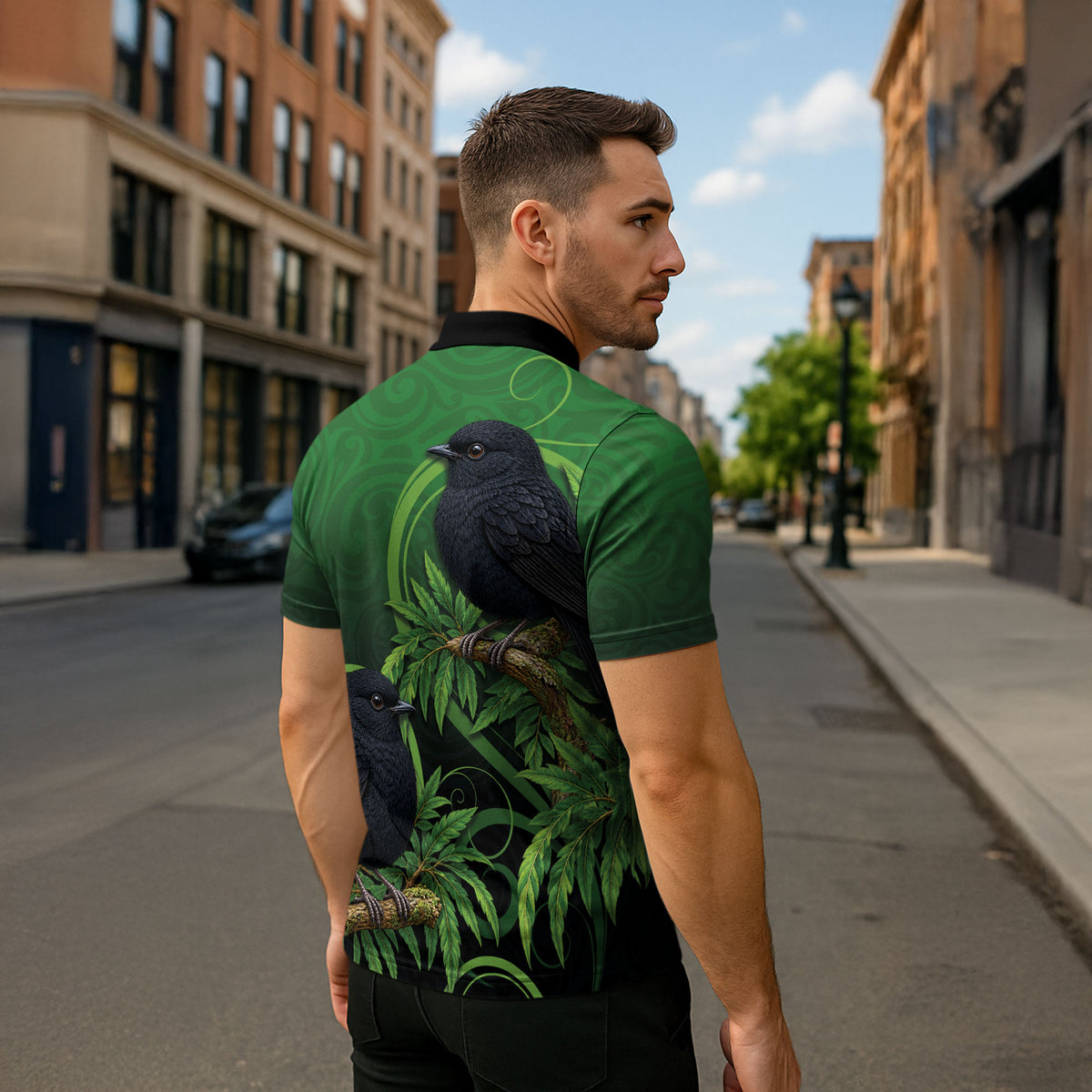 New Zealand Black Robin Zipper Polo Shirt Karure Maori Koru Art Tattoo