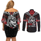 Aotearoa Mana Maori Couples Matching Off Shoulder Short Dress and Long Sleeve Button Shirt Toitu Te Tiriti