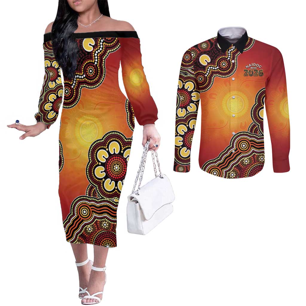 Australia Indigenous NAIDOC Week 2026 Couples Matching Off The Shoulder Long Sleeve Dress and Long Sleeve Button Shirt 50 Years Of Deadly