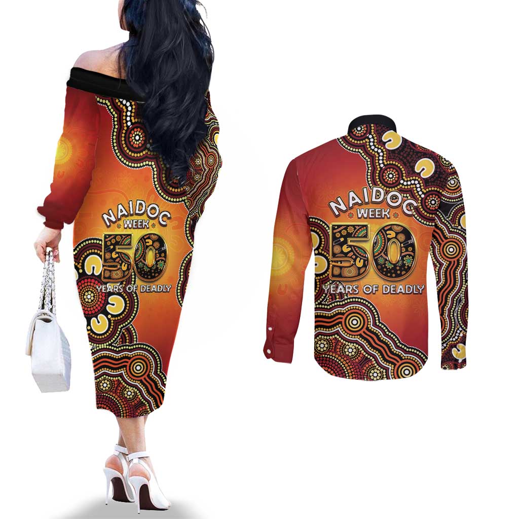 Australia Indigenous NAIDOC Week 2026 Couples Matching Off The Shoulder Long Sleeve Dress and Long Sleeve Button Shirt 50 Years Of Deadly