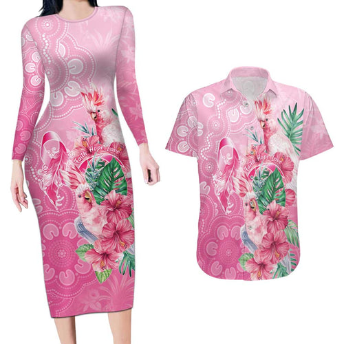 Australia Cockatoos Breast Cancer Couples Matching Long Sleeve Bodycon Dress and Hawaiian Shirt Faith Hope Love