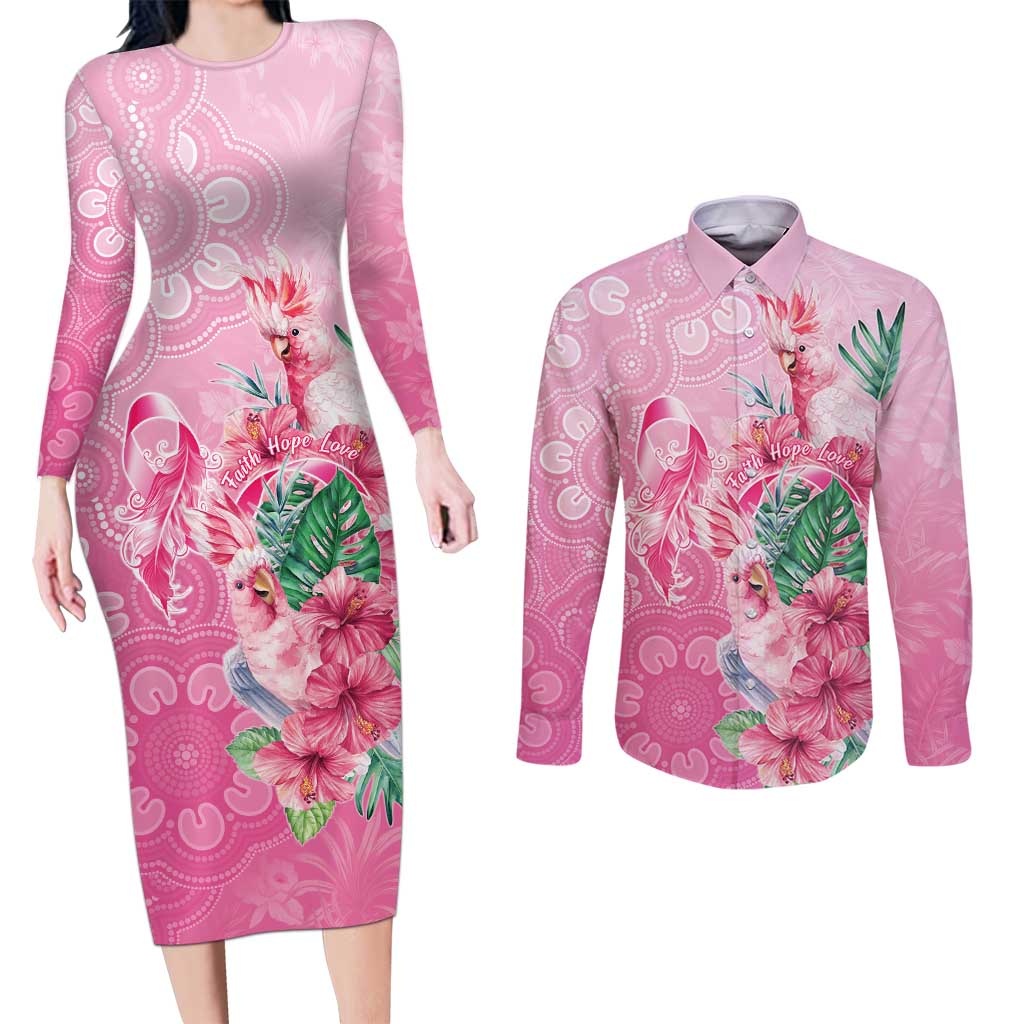 Australia Cockatoos Breast Cancer Couples Matching Long Sleeve Bodycon Dress and Long Sleeve Button Shirt Faith Hope Love