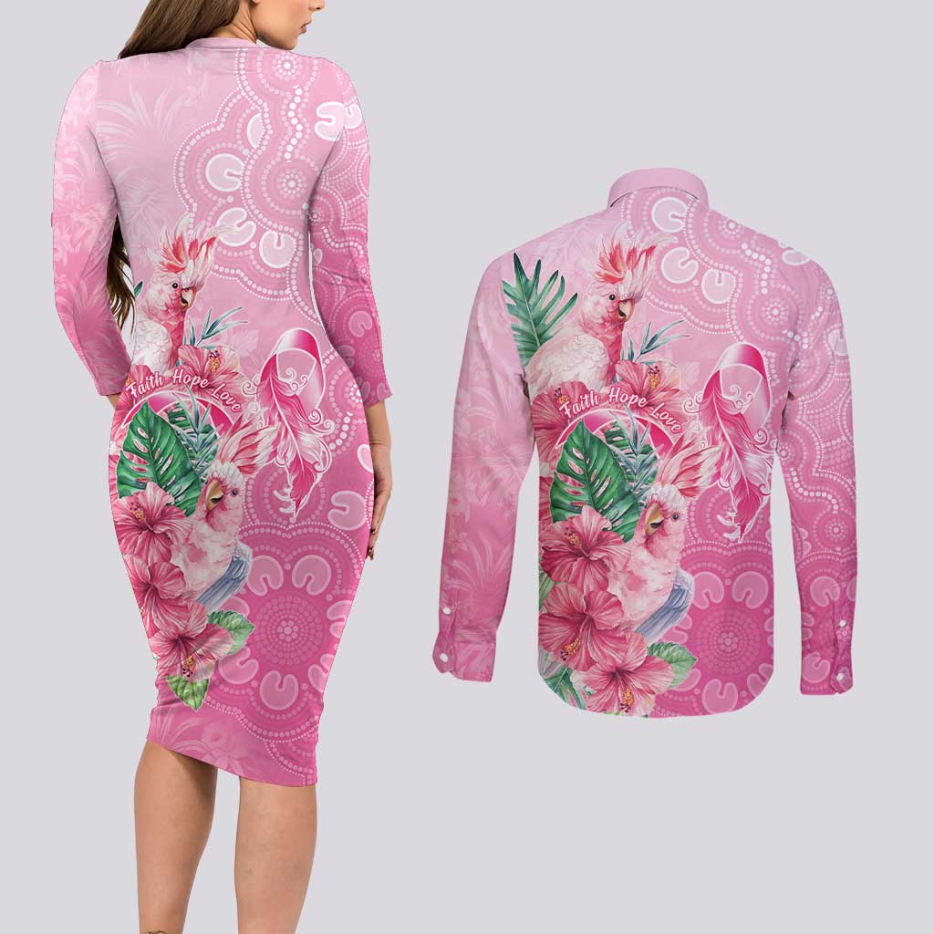 Australia Cockatoos Breast Cancer Couples Matching Long Sleeve Bodycon Dress and Long Sleeve Button Shirt Faith Hope Love