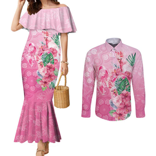 Australia Cockatoos Breast Cancer Couples Matching Mermaid Dress and Long Sleeve Button Shirt Faith Hope Love