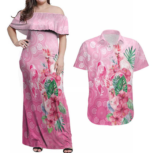 Australia Cockatoos Breast Cancer Couples Matching Off Shoulder Maxi Dress and Hawaiian Shirt Faith Hope Love
