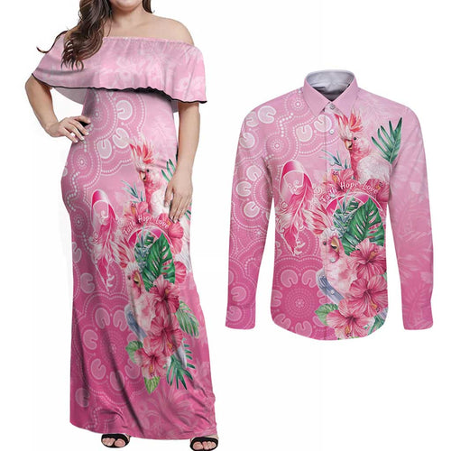 Australia Cockatoos Breast Cancer Couples Matching Off Shoulder Maxi Dress and Long Sleeve Button Shirt Faith Hope Love