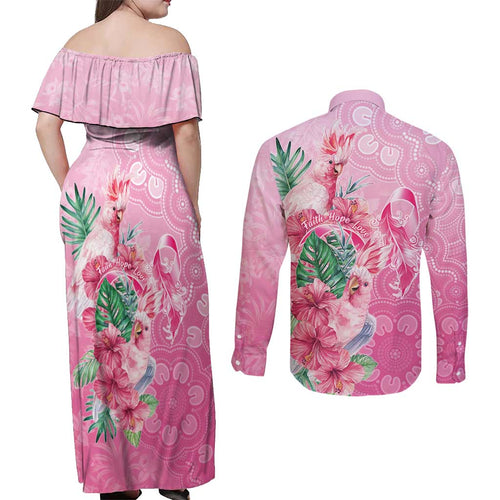 Australia Cockatoos Breast Cancer Couples Matching Off Shoulder Maxi Dress and Long Sleeve Button Shirt Faith Hope Love