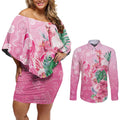 Australia Cockatoos Breast Cancer Couples Matching Off Shoulder Short Dress and Long Sleeve Button Shirt Faith Hope Love