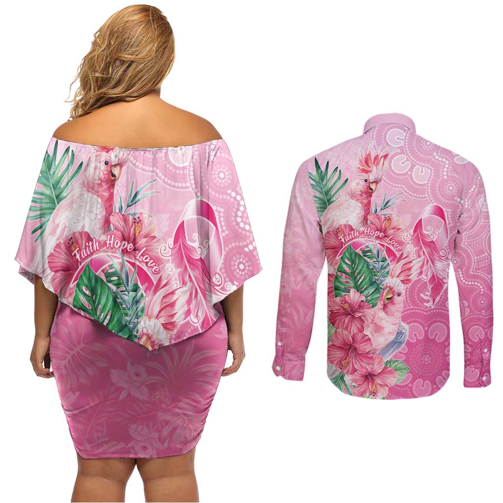 Australia Cockatoos Breast Cancer Couples Matching Off Shoulder Short Dress and Long Sleeve Button Shirt Faith Hope Love
