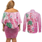 Australia Cockatoos Breast Cancer Couples Matching Off Shoulder Short Dress and Long Sleeve Button Shirt Faith Hope Love
