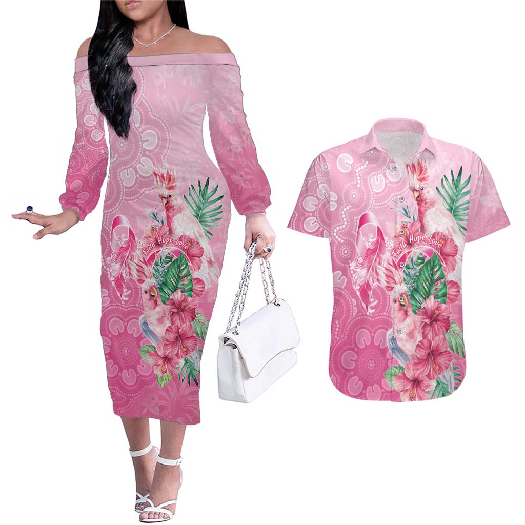 Australia Cockatoos Breast Cancer Couples Matching Off The Shoulder Long Sleeve Dress and Hawaiian Shirt Faith Hope Love