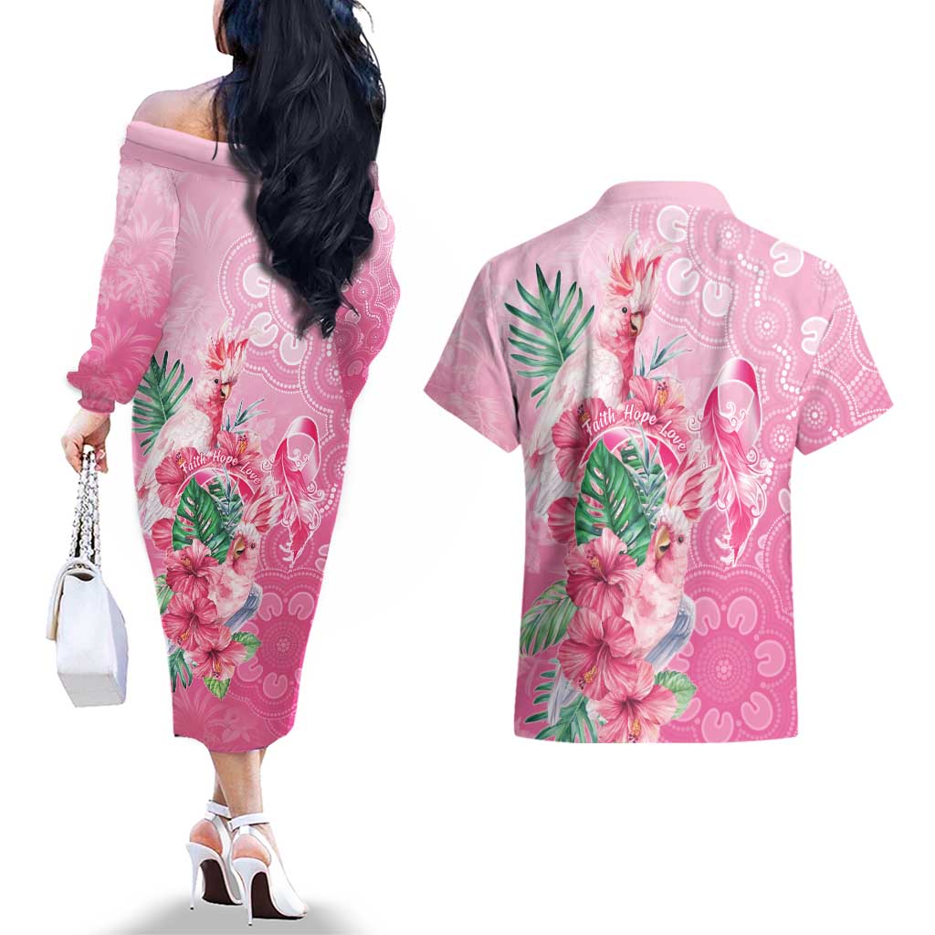 Australia Cockatoos Breast Cancer Couples Matching Off The Shoulder Long Sleeve Dress and Hawaiian Shirt Faith Hope Love