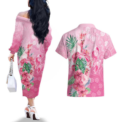 Australia Cockatoos Breast Cancer Couples Matching Off The Shoulder Long Sleeve Dress and Hawaiian Shirt Faith Hope Love