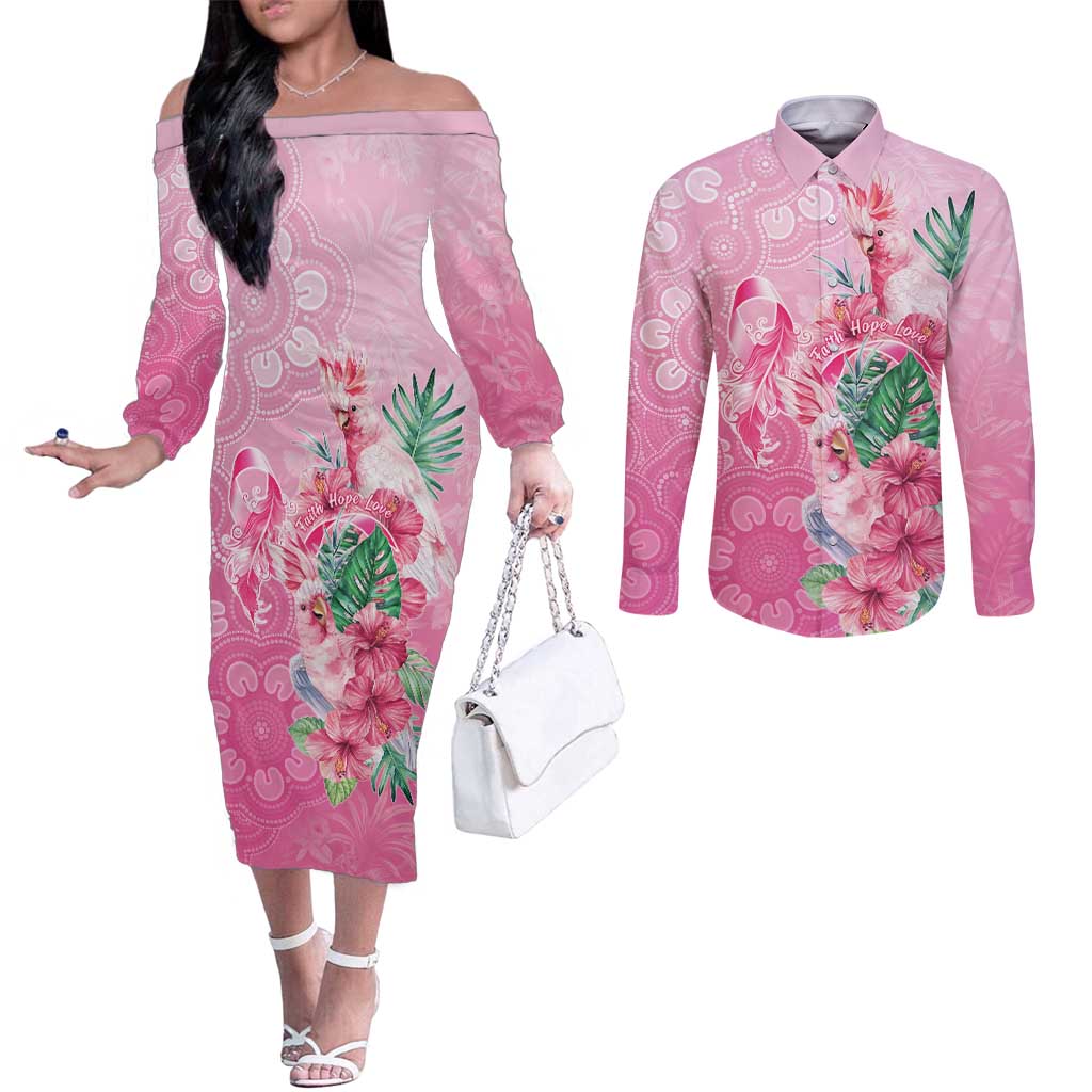 Australia Cockatoos Breast Cancer Couples Matching Off The Shoulder Long Sleeve Dress and Long Sleeve Button Shirt Faith Hope Love