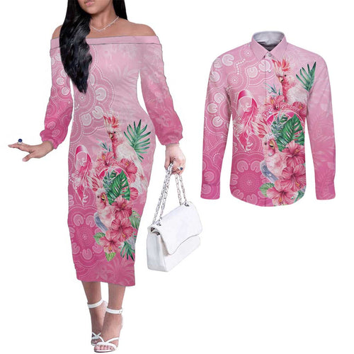 Australia Cockatoos Breast Cancer Couples Matching Off The Shoulder Long Sleeve Dress and Long Sleeve Button Shirt Faith Hope Love
