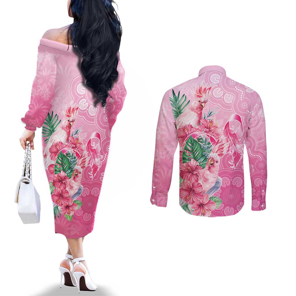 Australia Cockatoos Breast Cancer Couples Matching Off The Shoulder Long Sleeve Dress and Long Sleeve Button Shirt Faith Hope Love