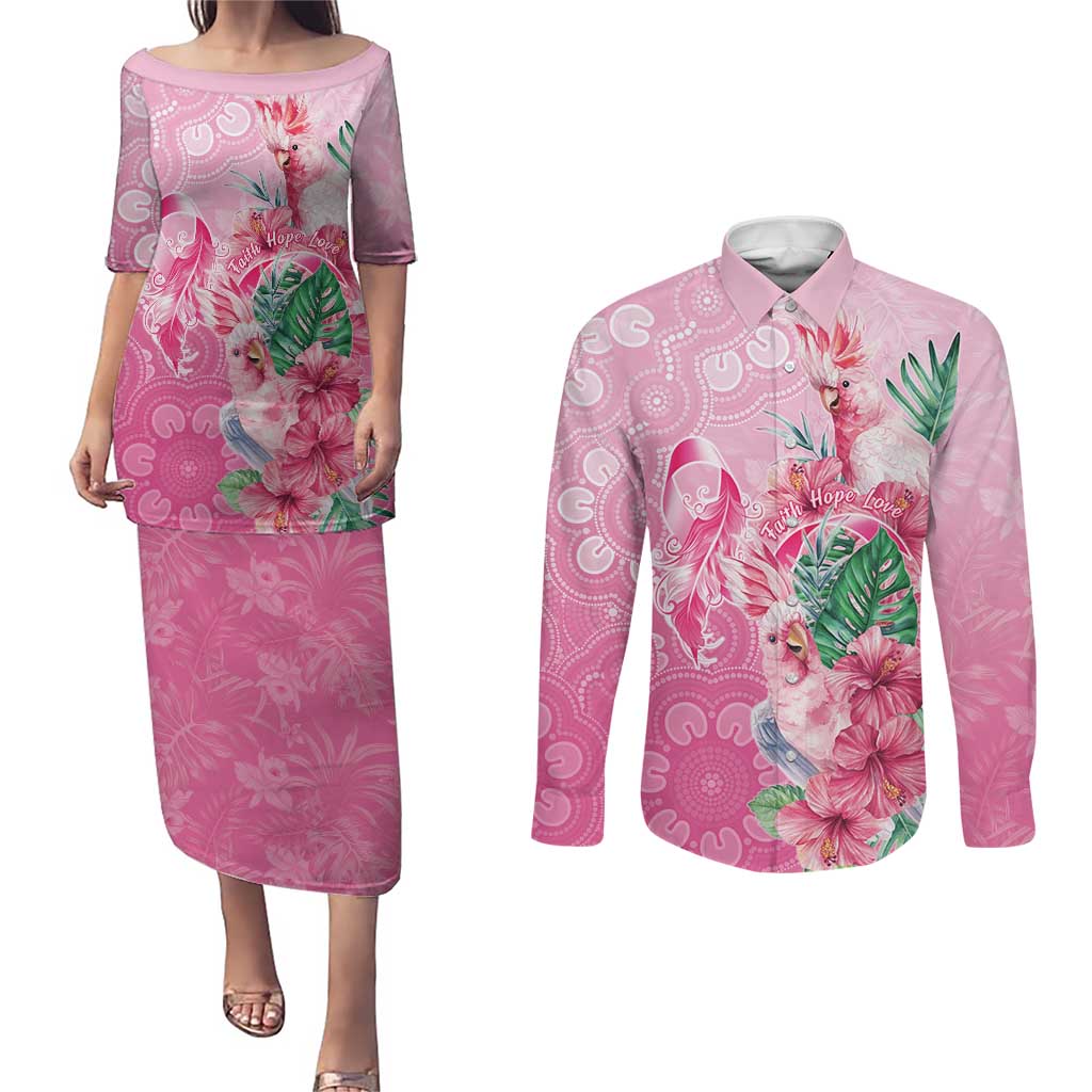 Australia Cockatoos Breast Cancer Couples Matching Puletasi and Long Sleeve Button Shirt Faith Hope Love