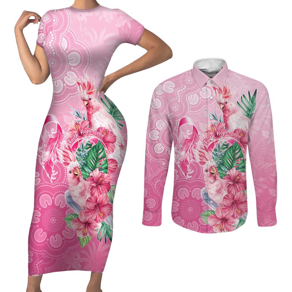 Australia Cockatoos Breast Cancer Couples Matching Short Sleeve Bodycon Dress and Long Sleeve Button Shirt Faith Hope Love