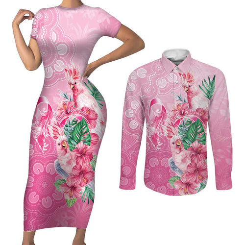 Australia Cockatoos Breast Cancer Couples Matching Short Sleeve Bodycon Dress and Long Sleeve Button Shirt Faith Hope Love