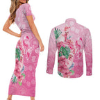 Australia Cockatoos Breast Cancer Couples Matching Short Sleeve Bodycon Dress and Long Sleeve Button Shirt Faith Hope Love