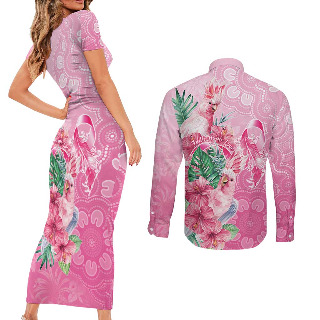 Australia Cockatoos Breast Cancer Couples Matching Short Sleeve Bodycon Dress and Long Sleeve Button Shirt Faith Hope Love