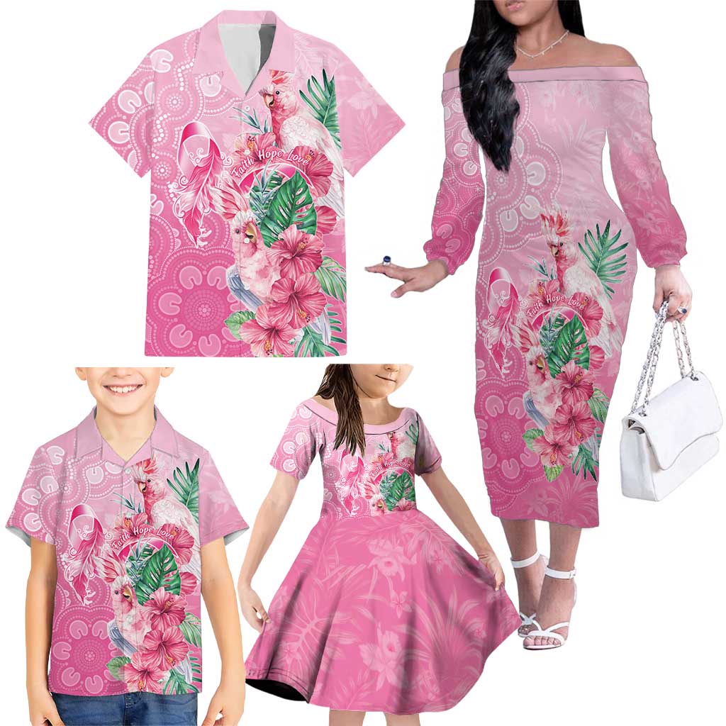 Australia Cockatoos Breast Cancer Family Matching Off The Shoulder Long Sleeve Dress and Hawaiian Shirt Faith Hope Love