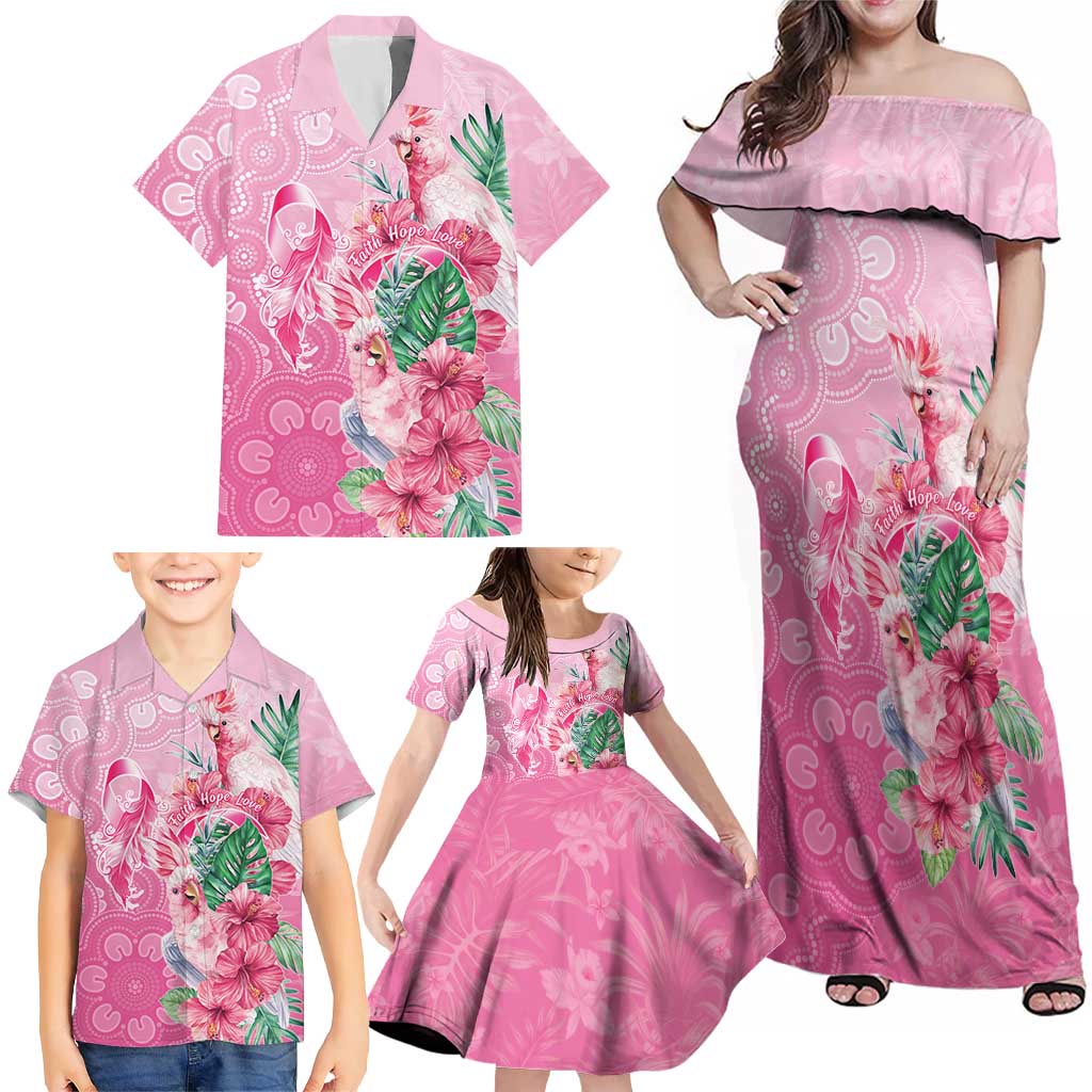 Australia Cockatoos Breast Cancer Family Matching Off Shoulder Maxi Dress and Hawaiian Shirt Faith Hope Love