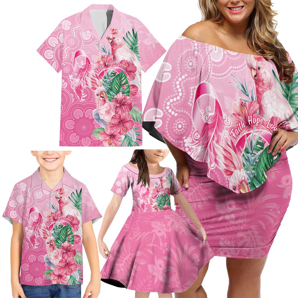 Australia Cockatoos Breast Cancer Family Matching Off Shoulder Short Dress and Hawaiian Shirt Faith Hope Love