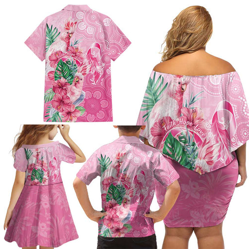 Australia Cockatoos Breast Cancer Family Matching Off Shoulder Short Dress and Hawaiian Shirt Faith Hope Love