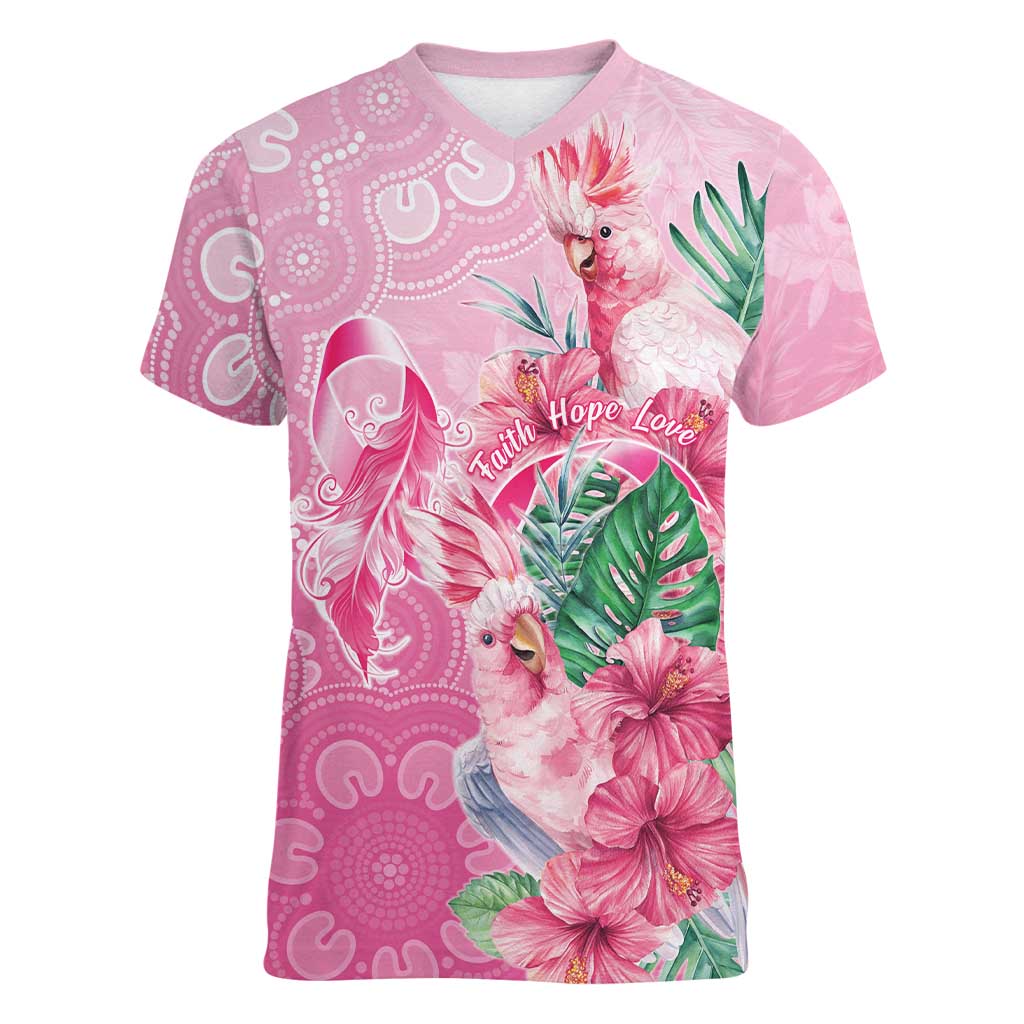 Australia Cockatoos Breast Cancer Women V-Neck T-Shirt Faith Hope Love