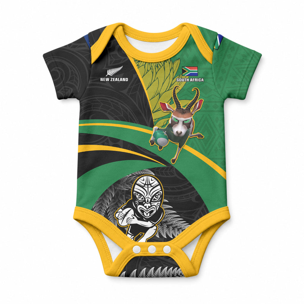 Custom New Zealand And South Africa Rugby Baby Onesie 2023 Springboks Combine All Black Silver Fern