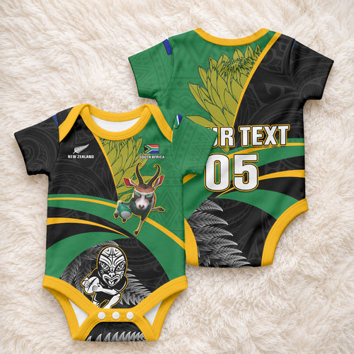 Custom New Zealand And South Africa Rugby Baby Onesie 2023 Springboks Combine All Black Silver Fern