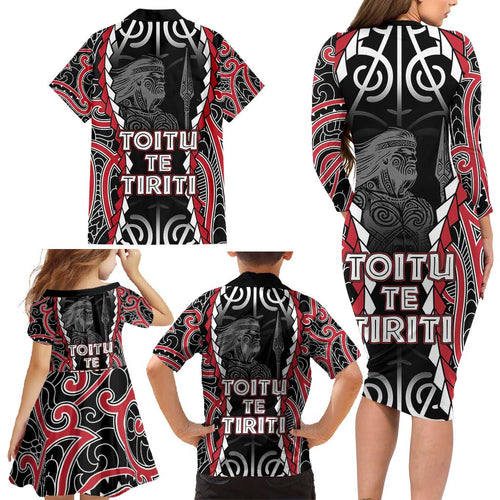 Aotearoa Waitangi Day Family Matching Long Sleeve Bodycon Dress and Hawaiian Shirt Maori Warrior Tribal Tattoo