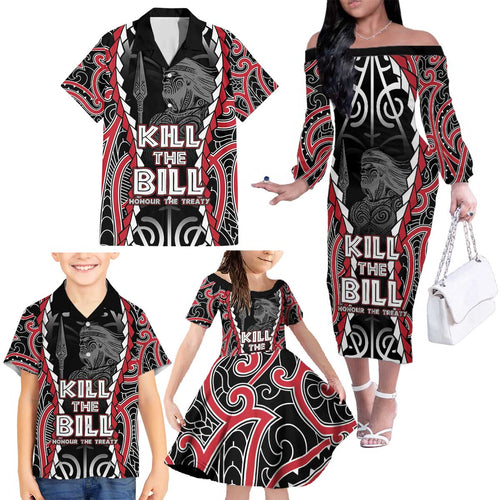 Aotearoa Waitangi Day Family Matching Off The Shoulder Long Sleeve Dress and Hawaiian Shirt Maori Warrior Tribal Tattoo