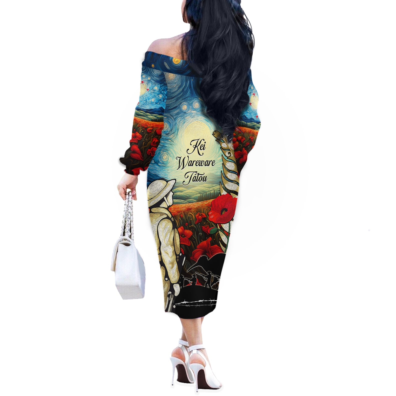 Kei Wareware Tatou New Zealand ANZAC Day Off The Shoulder Long Sleeve Dress Starry Night Inspo Style