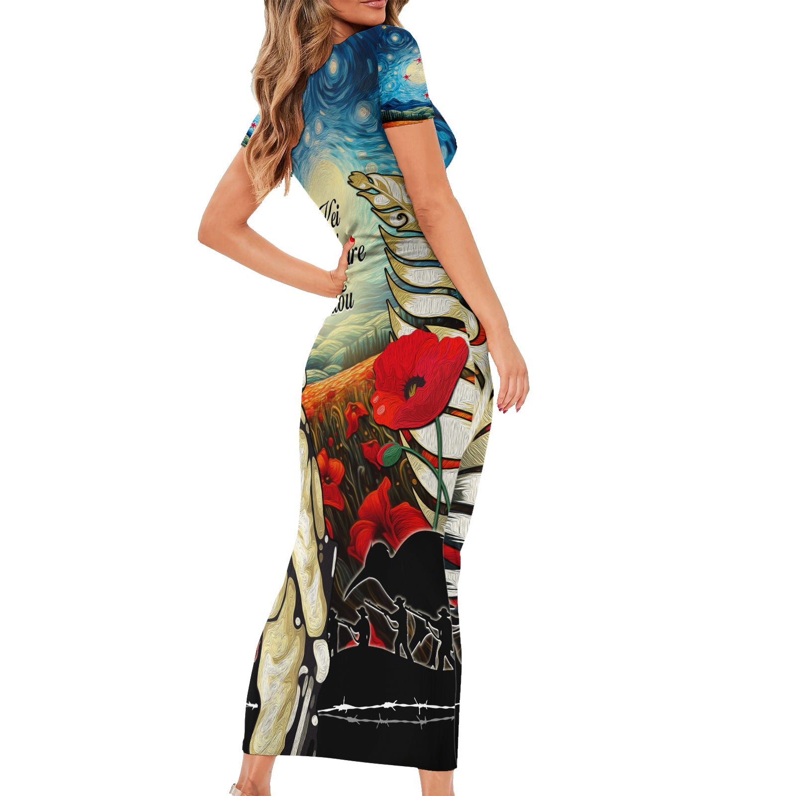 Kei Wareware Tatou New Zealand ANZAC Day Short Sleeve Bodycon Dress Starry Night Inspo Style