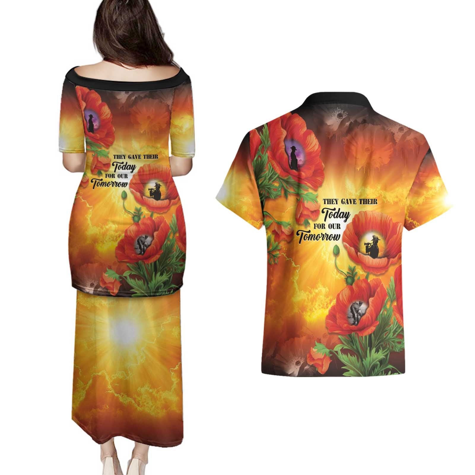 ANZAC Day Red Poppy Couples Matching Puletasi and Hawaiian Shirt Honoring The ANZAC Spirit