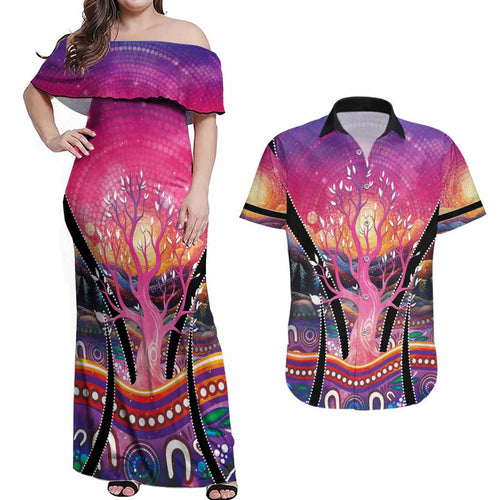 NAIDOC Week 2026 Couples Matching Off Shoulder Maxi Dress and Hawaiian Shirt Eternal Spirit Tree